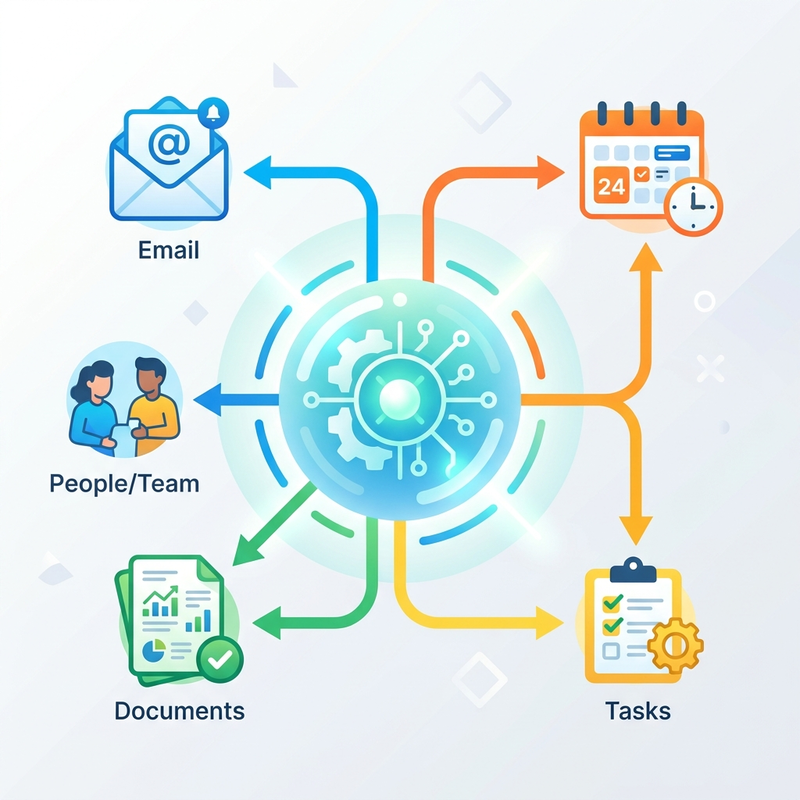 Illustration of the new unified Work IQ API entity model seamlessly connecting to various Microsoft 365 data sources