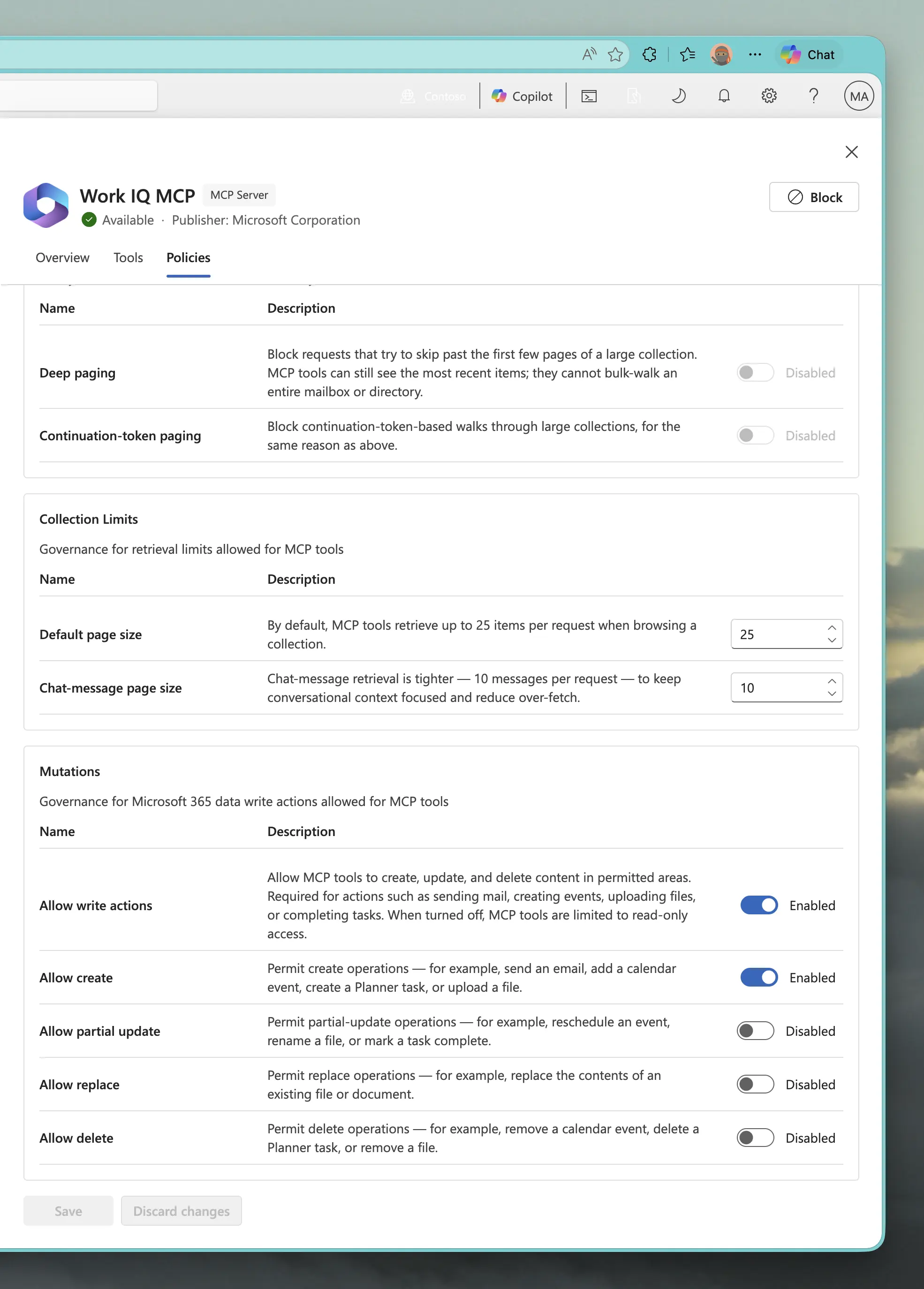 Work IQ MCP Tools page in Microsoft Admin Center showing Mutations configuration