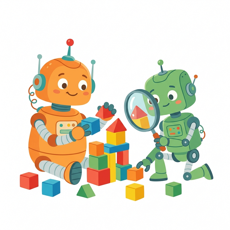 Two cute robots collaborating using a maker-checker pattern: one building blocks, the other inspecting the work with a magnifying glass.