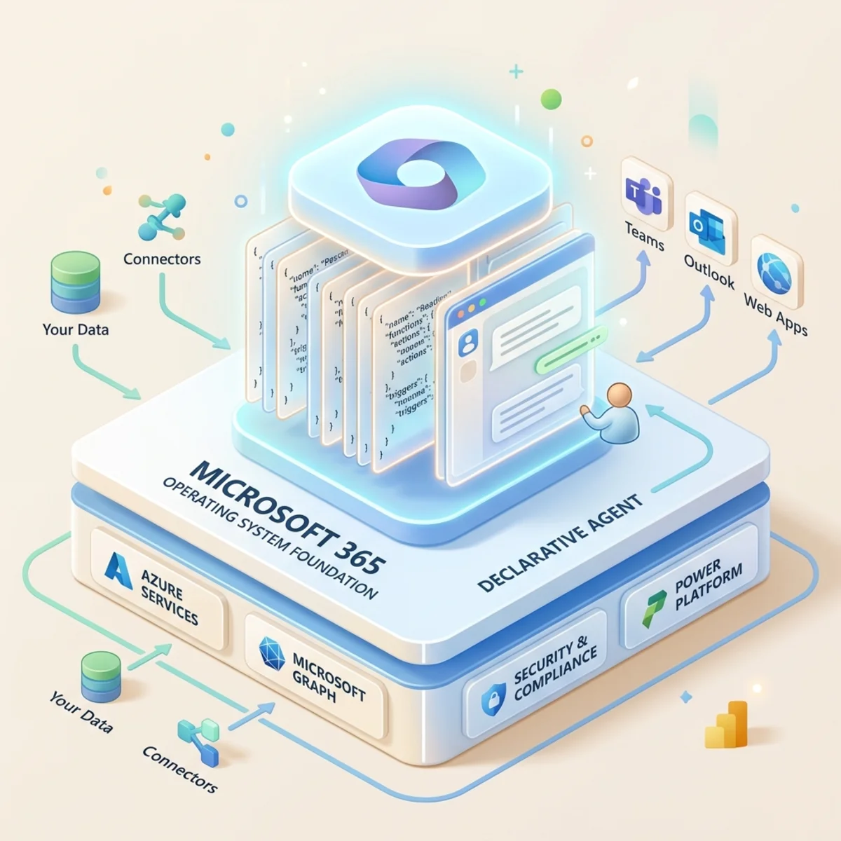 A 3D diagram illustrating Microsoft 365 as an OS foundation with a Declarative Agent structured as a glowing app.