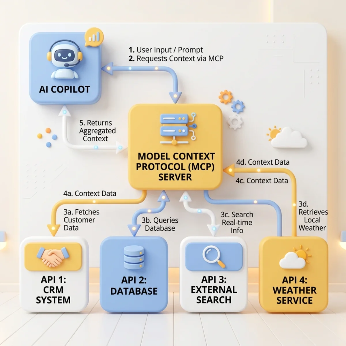 A flowchart diagram showing an AI Copilot connecting to an MCP Server, which orchestrates various REST APIs.
