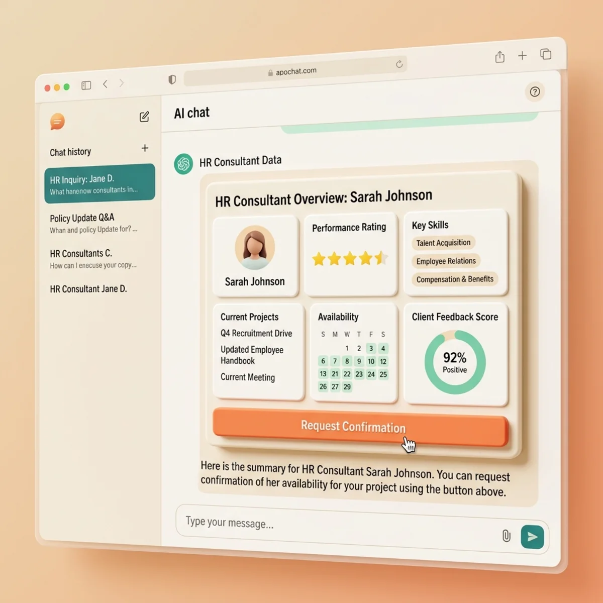 A mockup of a React UI dashboard widget displaying HR consultant data with a Confirmation button, embedded in chat.
