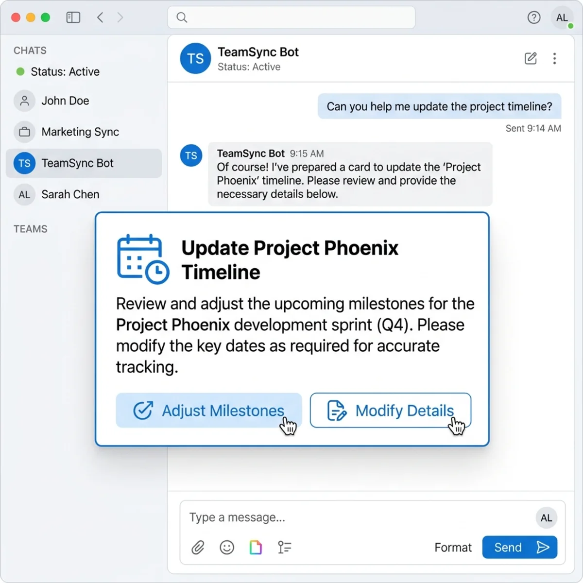 Adaptive Card Conversational UI Mock