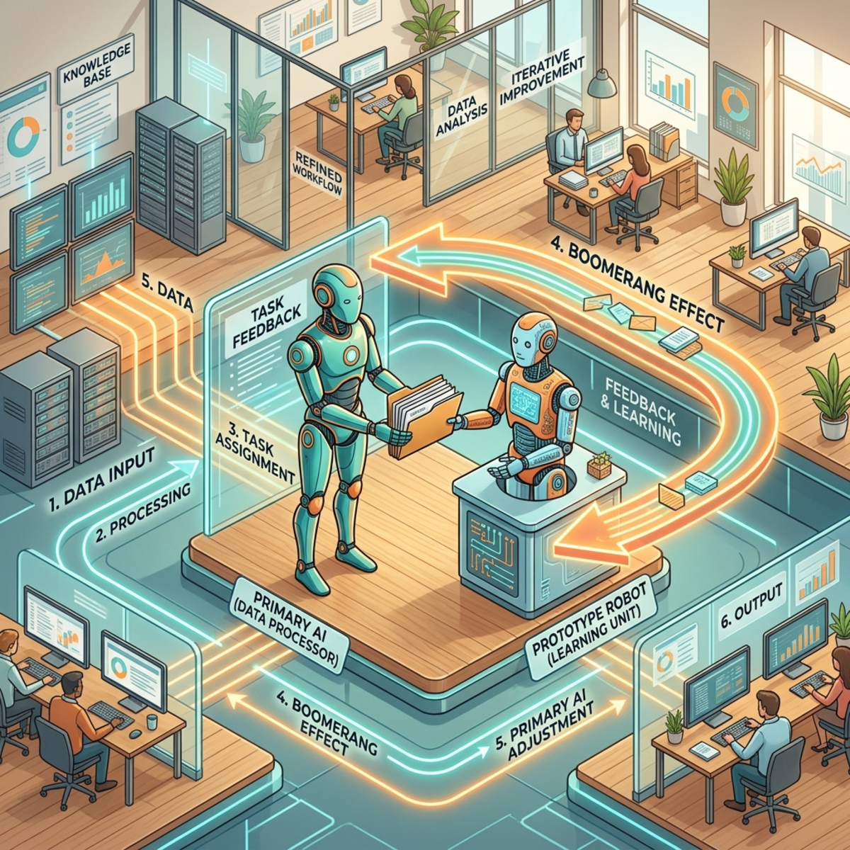 Isometric illustration of two AI robots in an office passing a document folder back and forth to represent a workflow loop.