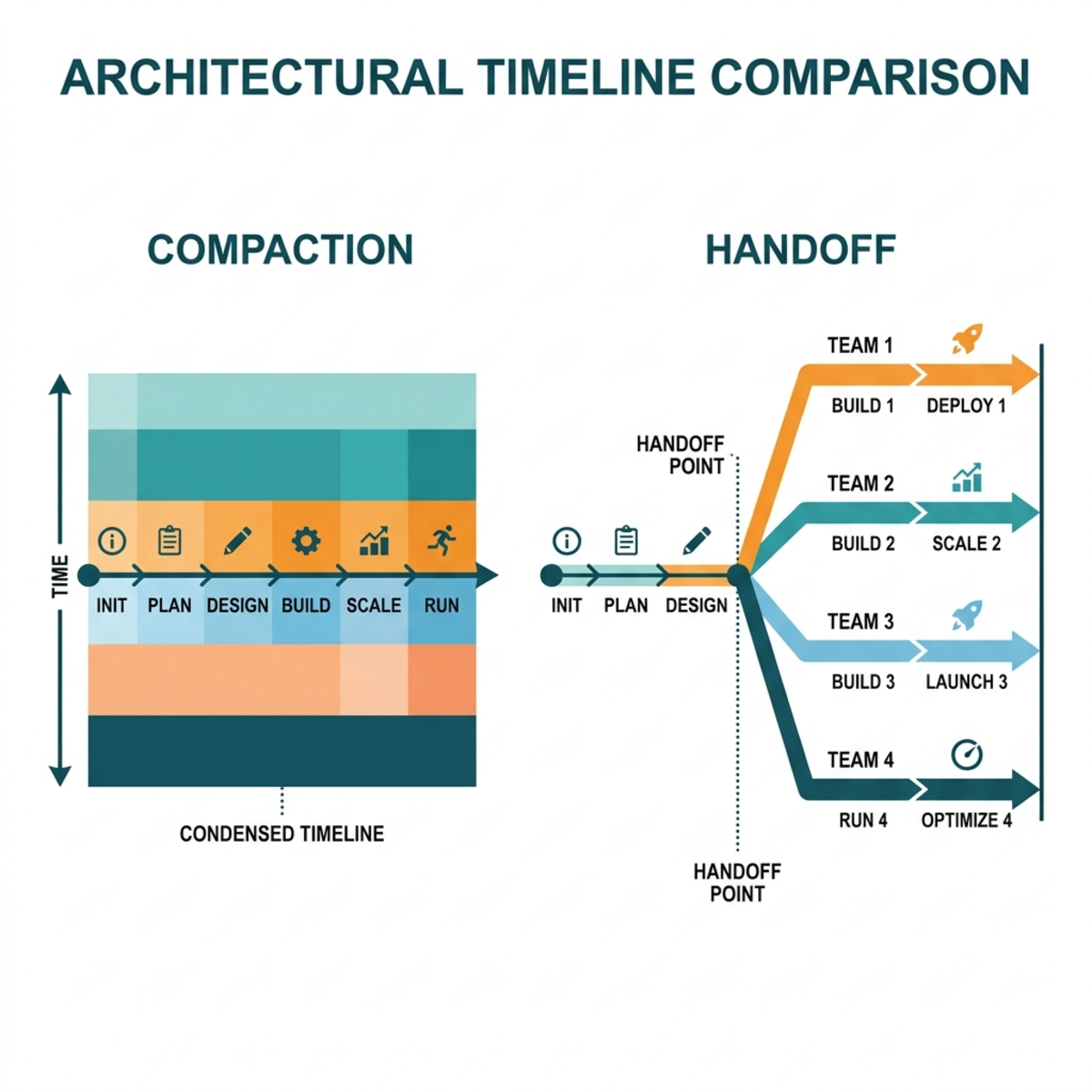 Architectural comparison diagram showing a single linear compacted timeline on the left versus a branching parallel workflow on the right.