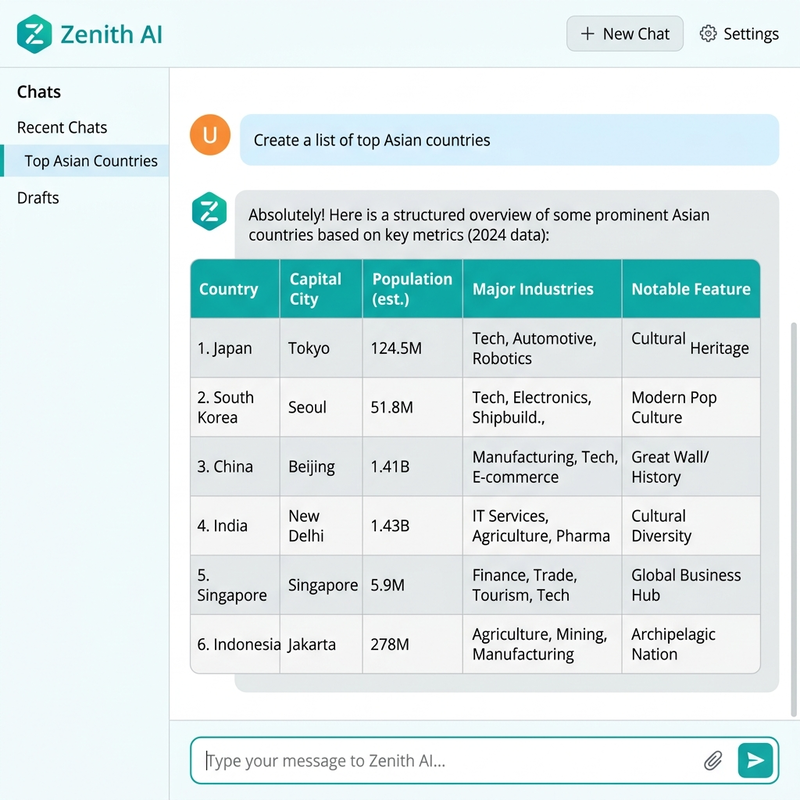 Mockup of Copilot Chat creating a list of Asian countries
