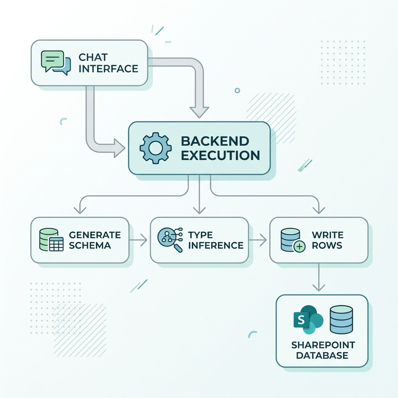 Architecture diagram showing the chat interface triggering schema generation, type inference, and SharePoint database writes