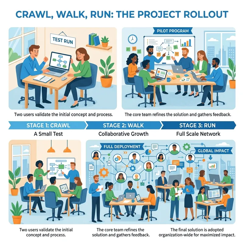 Illustration depicting the three stages of a project rollout: crawl, walk, run