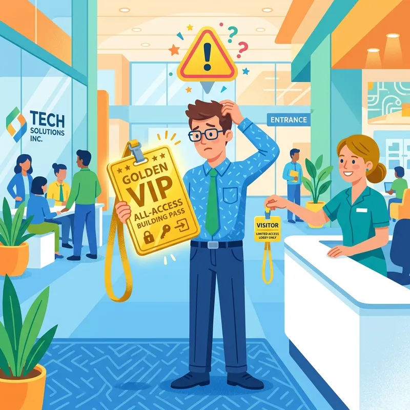 Illustration of a role conflict showing an employee with a giant building badge being handed a tiny visitor badge
