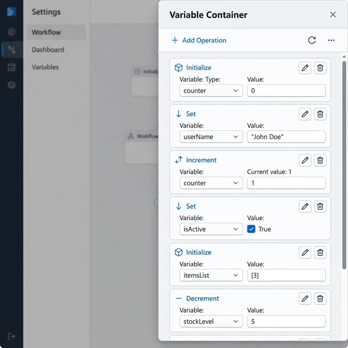 Variable Container UI Panel