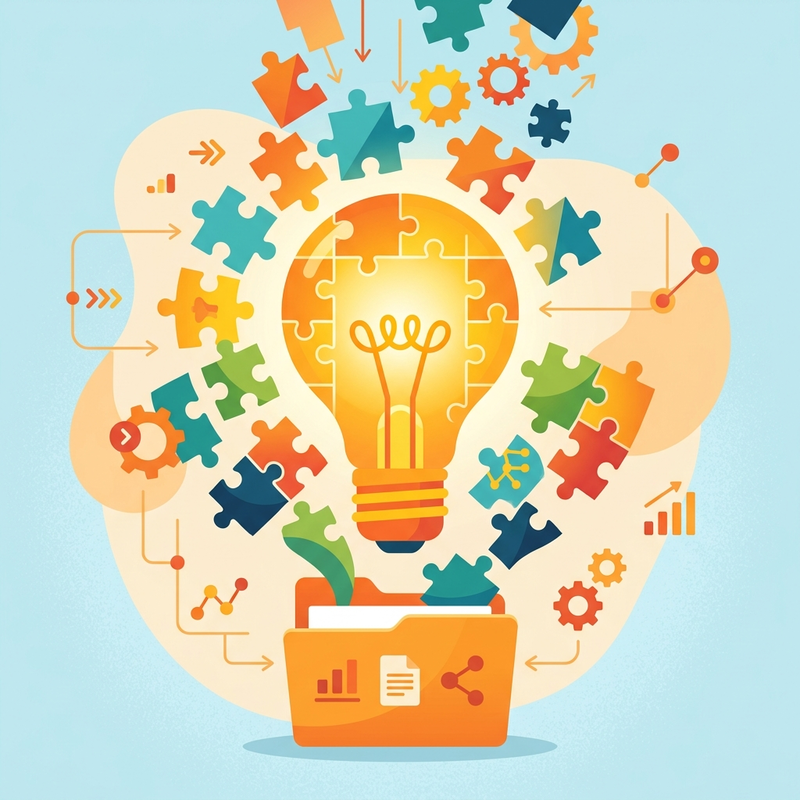 Colorful puzzle pieces representing different sources of context merging into a single lightbulb