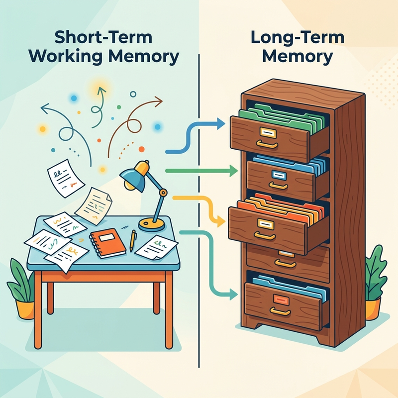 A small messy desk representing short-term memory next to a large organized filing cabinet for long-term memory