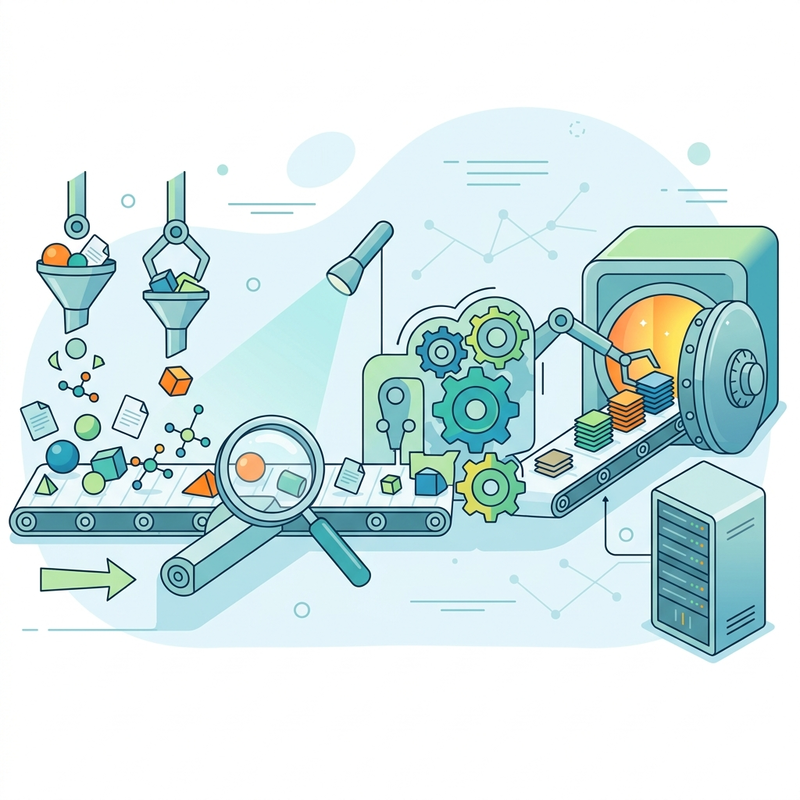 A conceptual pipeline showing objects being extracted with a magnifying glass, consolidated with gears, and stored in a database vault