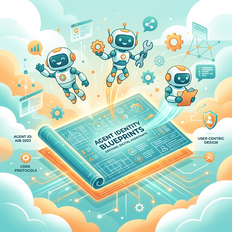 A bright, modern conceptual illustration representing Agent Identity Blueprints spawning AI assistants