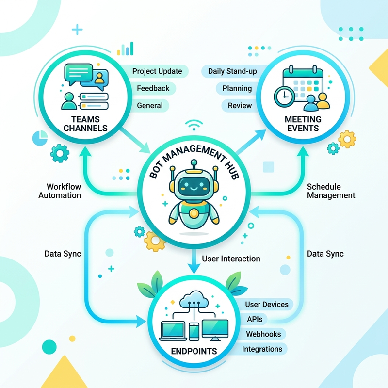 A friendly conceptual diagram illustrating Bot Management flow to Teams Channels, Meeting Events, and Endpoints