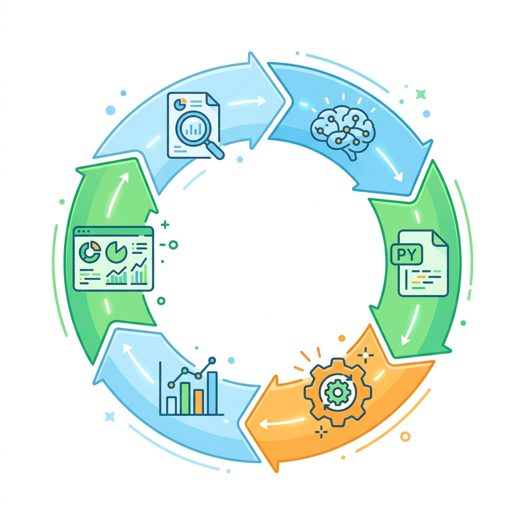 Infographic showing the 6-step iterative process loop for data analysis