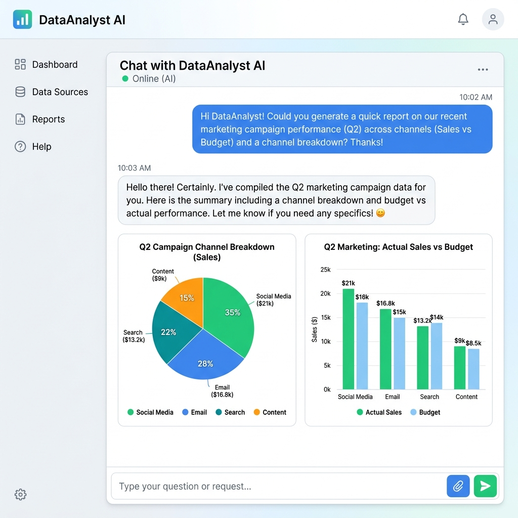 Mock screenshot of the Data Analyst AI interface showing a pie chart and bar chart