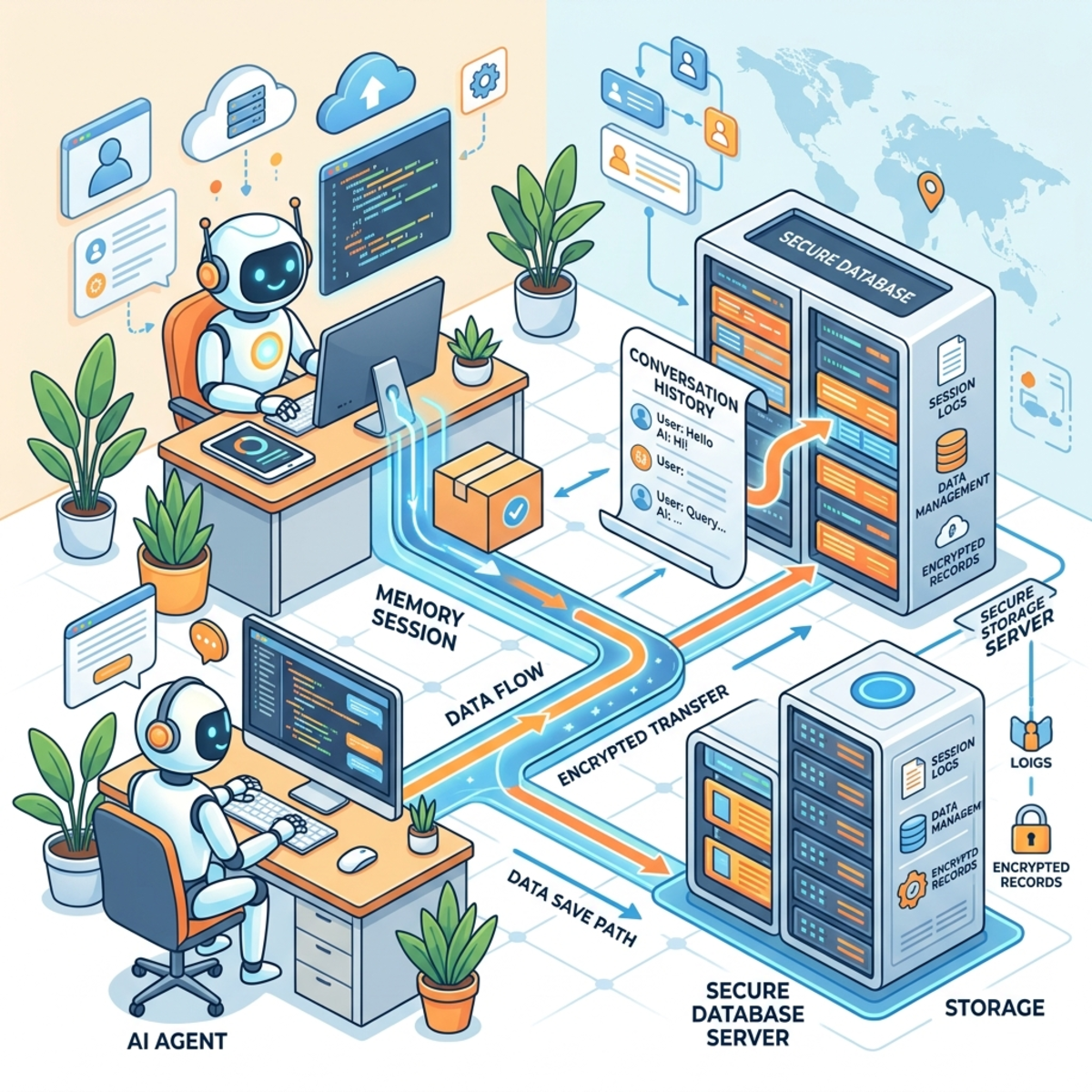 Isometric diagram showing an AI agent saving its memory session into a secure database