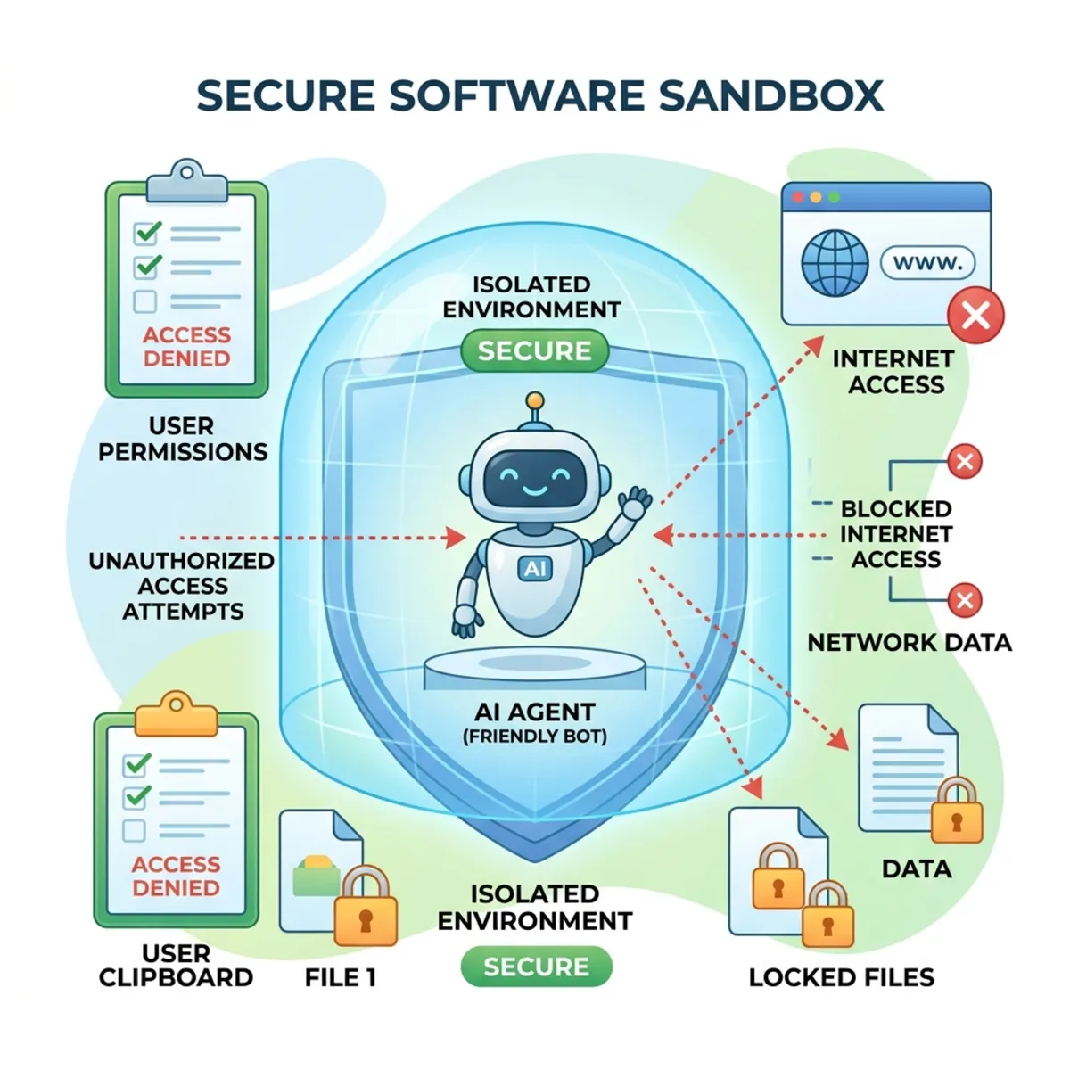 Conceptual diagram illustrating a secure software sandbox with a friendly AI robot inside a protective dome, blocking unauthorized access to files and clipboard
