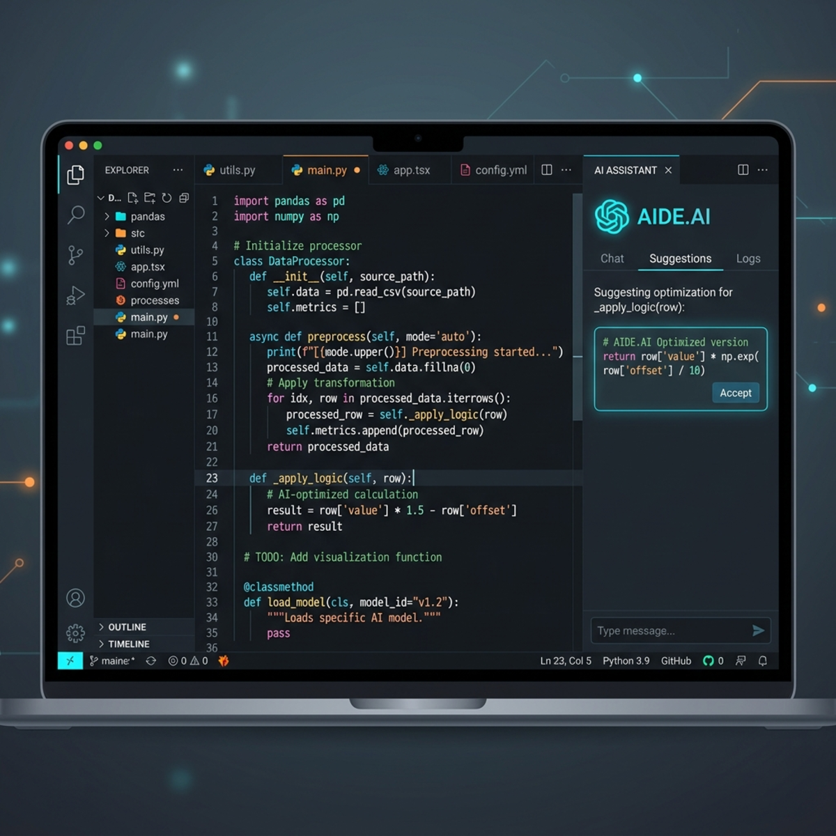 MAI Code 1 Flash integrated into a dark-mode developer IDE environment