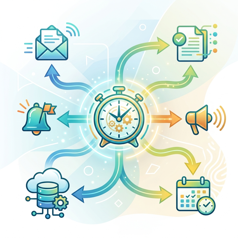 Flow diagram depicting time-based automation triggers like email and scheduled tasks