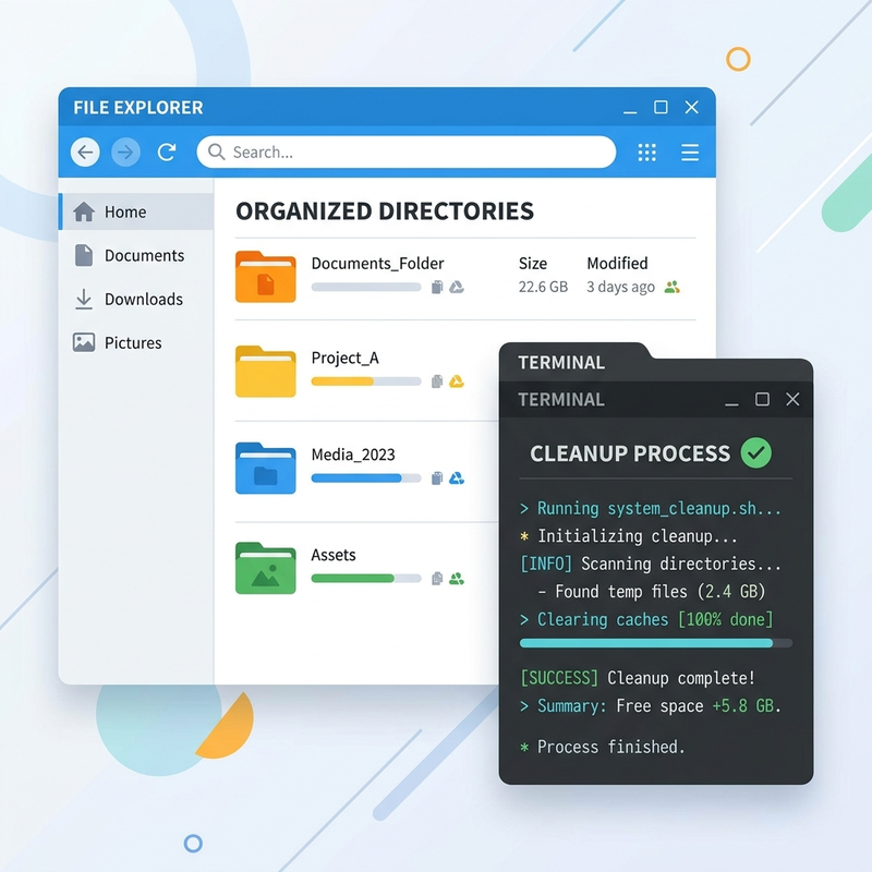 Mockup of a clean file explorer and terminal demonstrating a successful local cleanup process