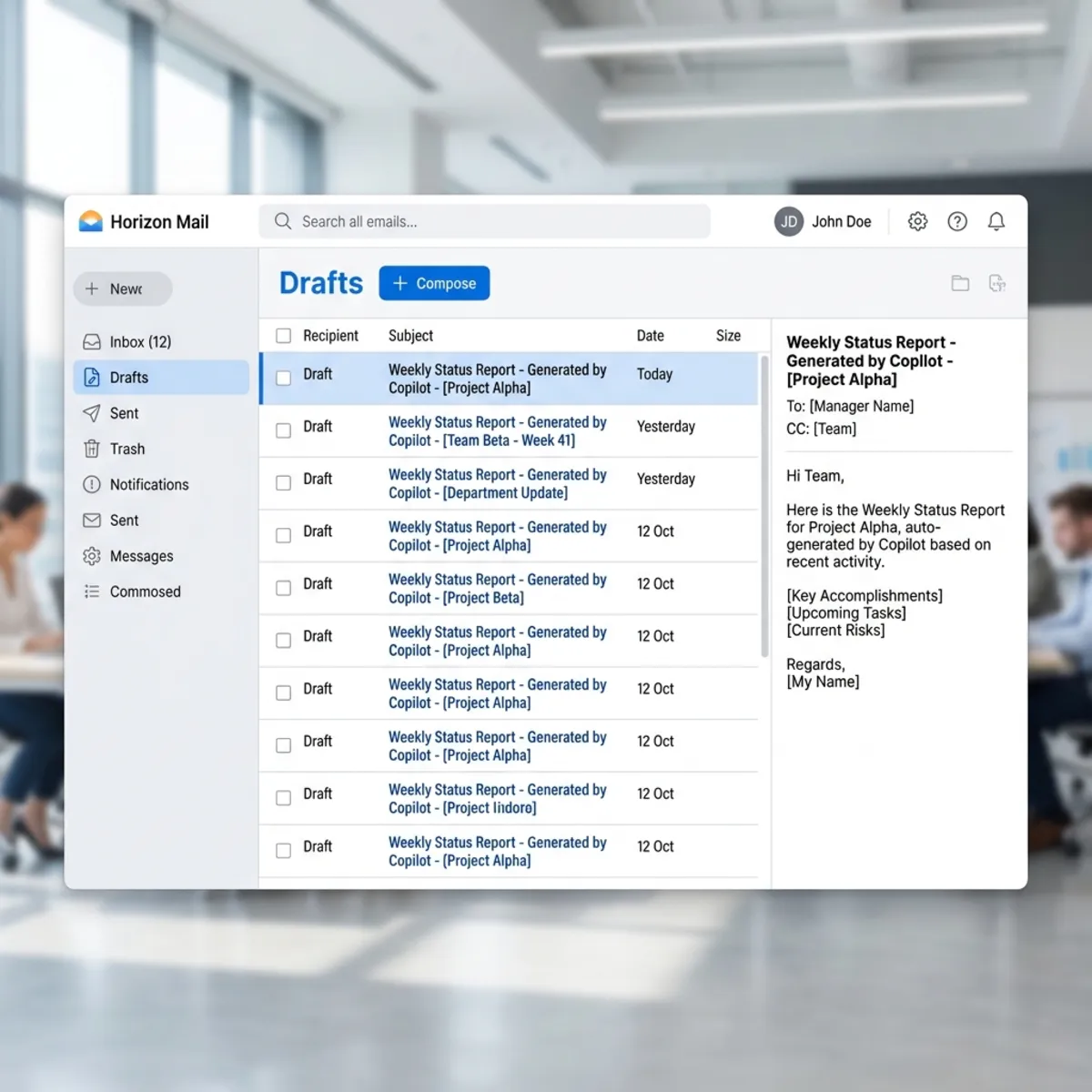A clean email client interface showing a Drafts folder populated with automated email templates generated by Copilot