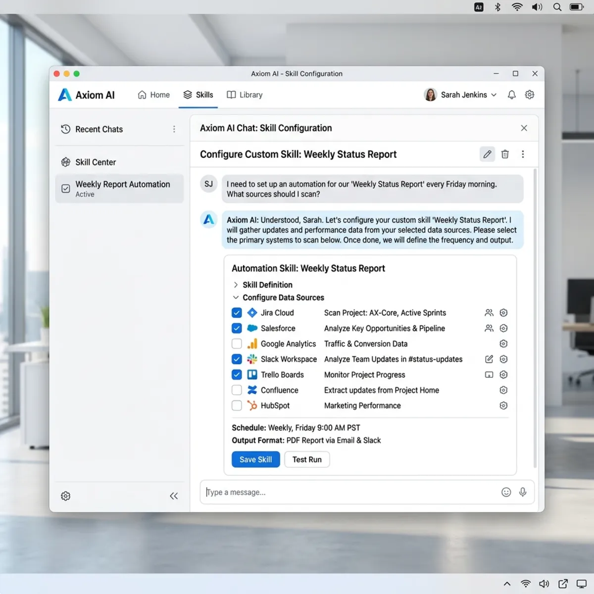 A modern enterprise AI chat interface showing a user configuring a Weekly Status Report custom skill with data source selection