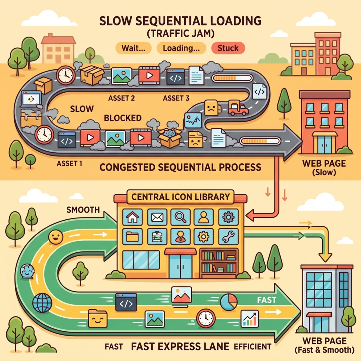 Diagram contrasting slow, sequential loading with a fast express lane pointing to a central icon library