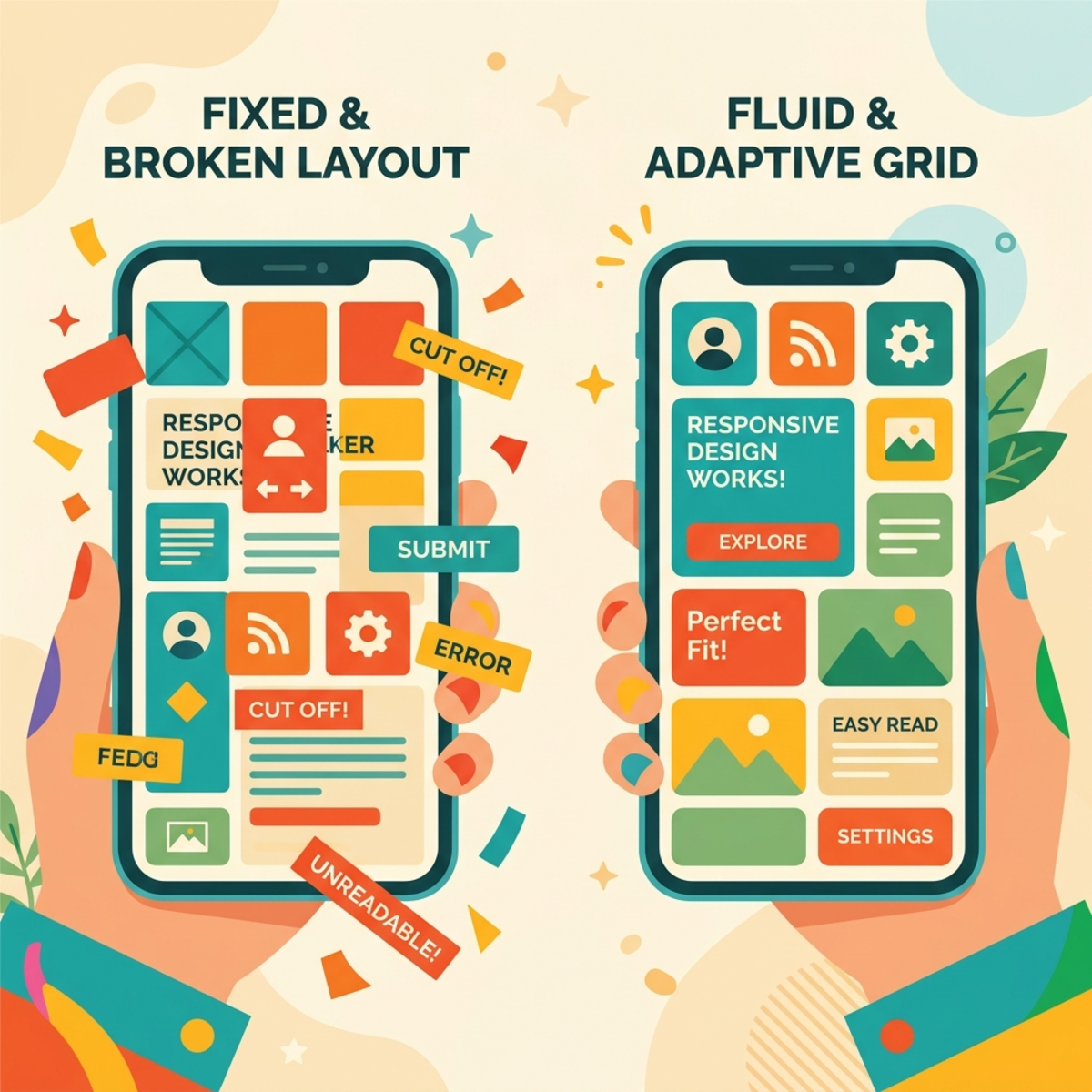 Illustration comparing a rigidly stuck UI layout versus a fluidly adapting UI grid on mobile screens