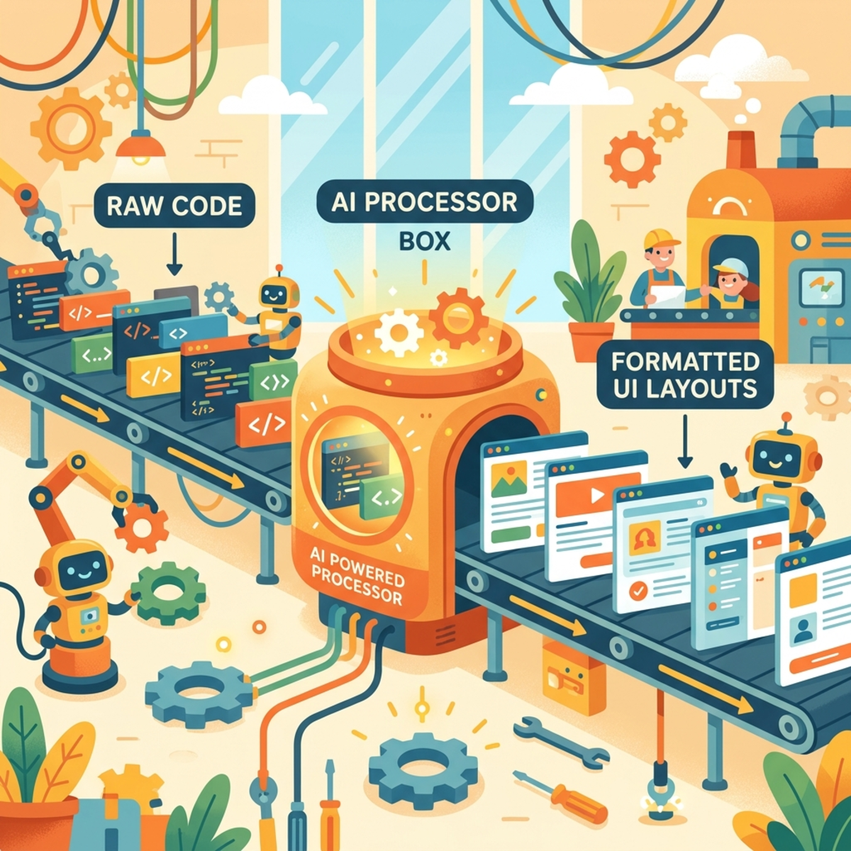 Digital assembly line illustration showing raw code blocks processed into clean UI layouts
