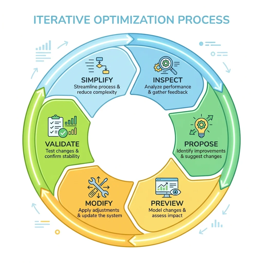 Iterative Agentic Loop Diagram showing steps: Inspect, Propose, Preview, Modify, Validate, Simplify