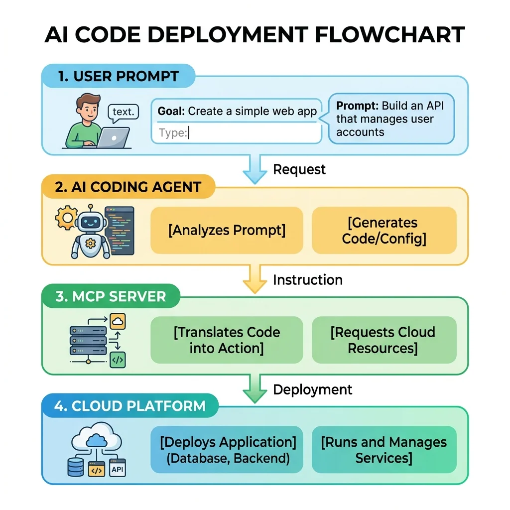 Architecture diagram showing 4 layers: User Prompt, AI Coding Agent, MCP Server, and Cloud Platform