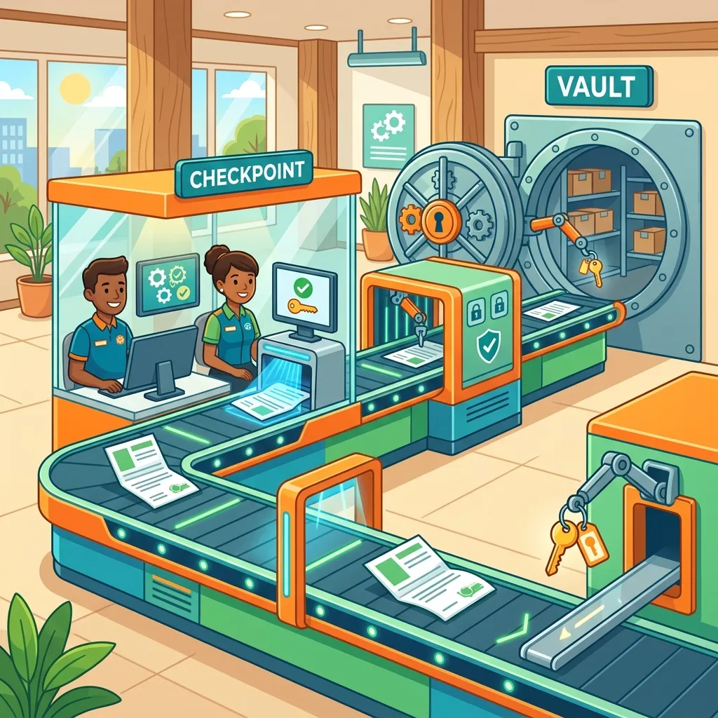 An automated assembly line securely retrieving a key from a vault