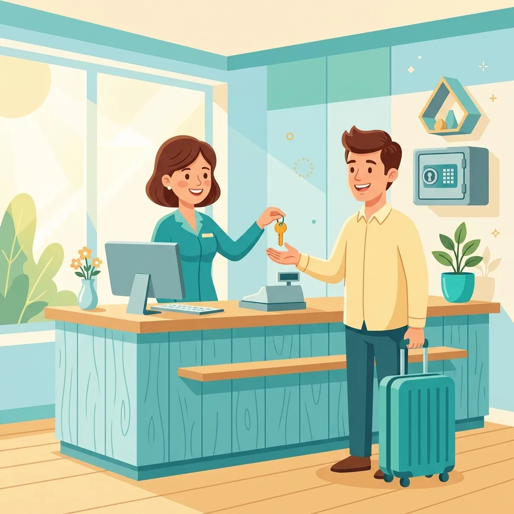 A friendly illustration of a hotel front desk with a safe and a guest receiving a room key