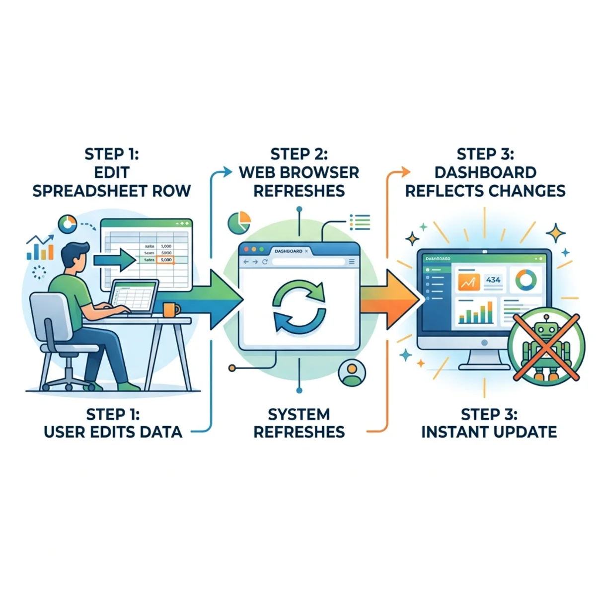 Flow diagram illustrating a simple freshness test: editing a row, refreshing the browser, and instantly updating the dashboard without AI regeneration