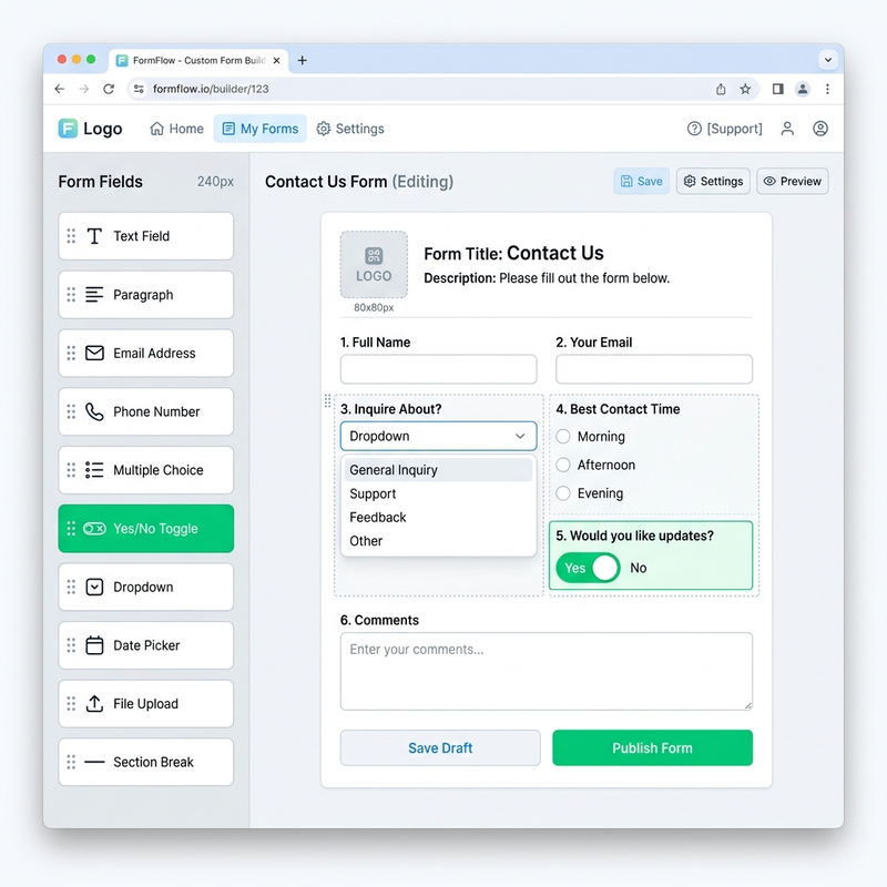 Form Builder Mockup showing drag-and-drop customization and theming