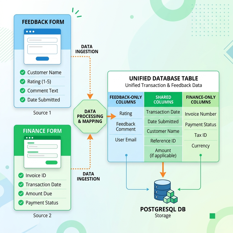 Multi-form Architecture: Feedback and Finance forms feeding into a unified database table