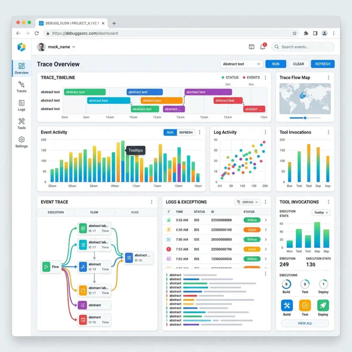 Mockup of a modern, colorful web-based dashboard for debugging AI agents and tracing events
