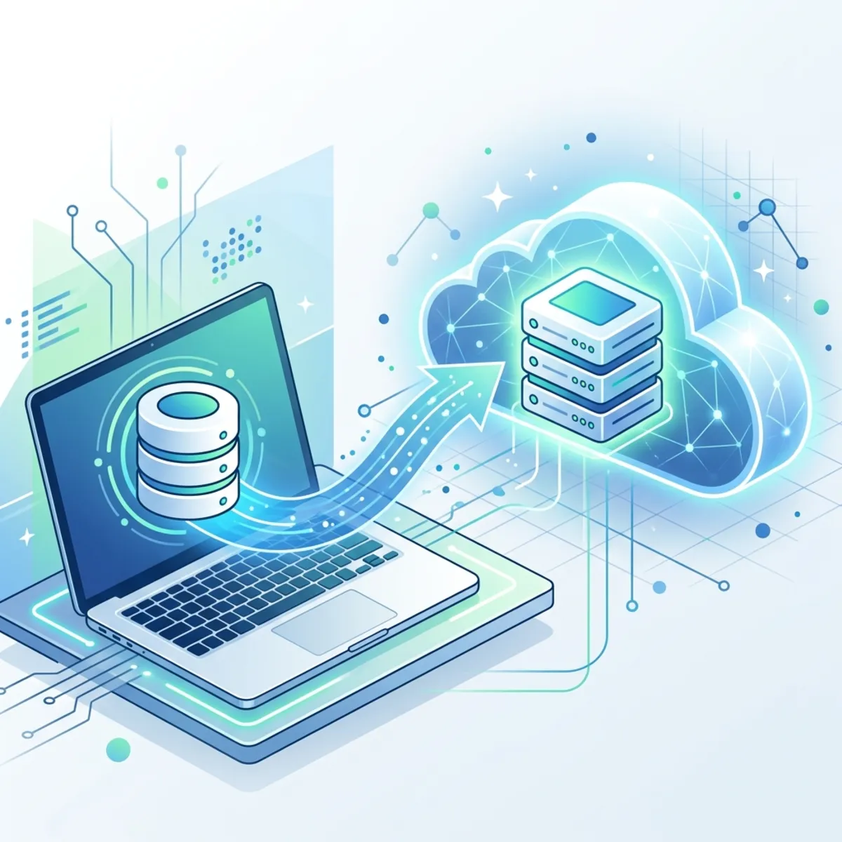 Conceptual illustration showing a laptop database migrating smoothly to a cloud server