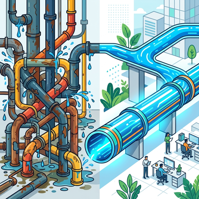 A clean, vector-style corporate illustration showing a complex, tangled set of leaky pipes on the left, and a single, sturdy, glowing, direct pipeline on the right.