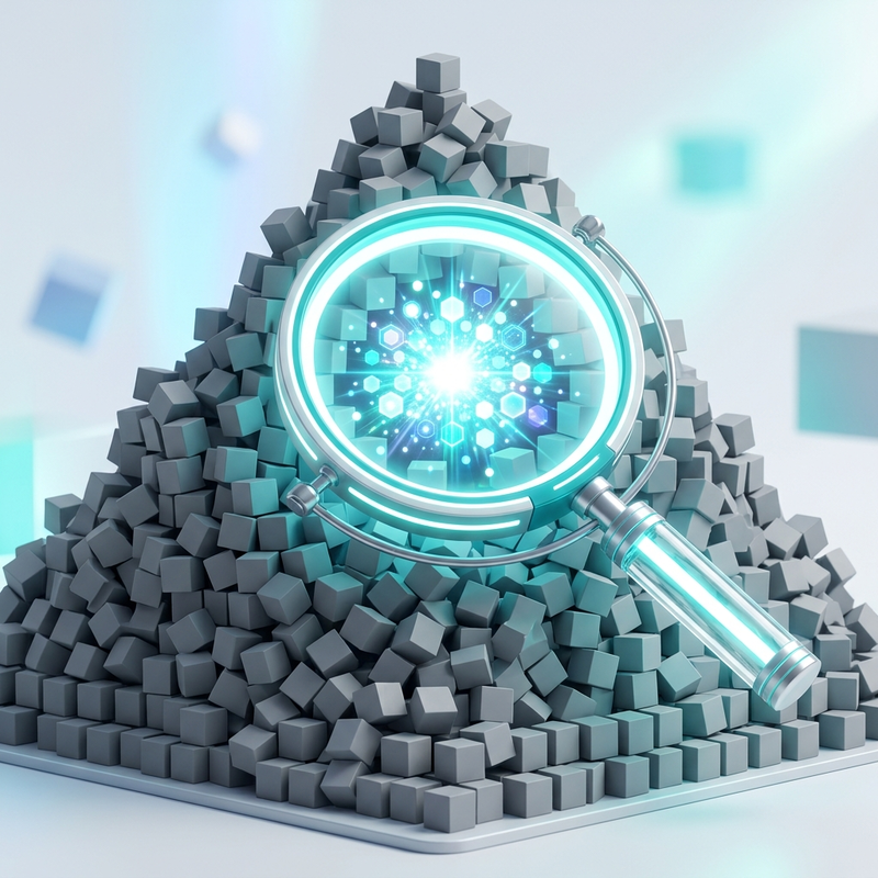 A sleek 3D illustration of a giant glowing magnifying glass focusing on a bright, compact glowing core inside a massive mountain of grey, dull blocks representing data.