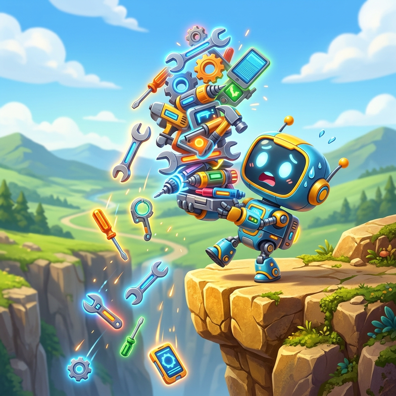 A friendly 3D illustration of an overwhelmed cute robot trying to balance a massive pile of more than 20 glowing tools, dropping them over a cliff edge.