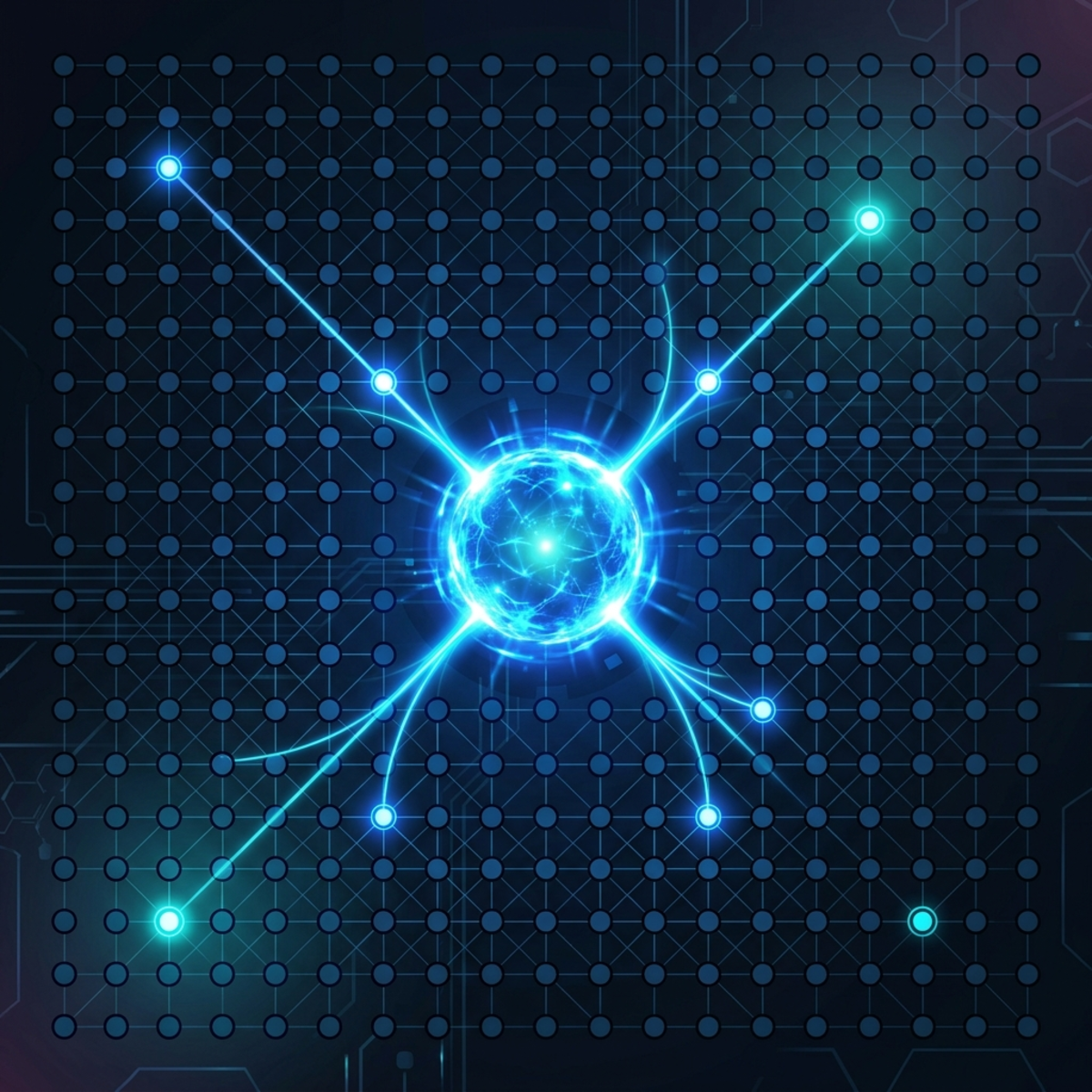 Abstract illustration showing a central node routing data to six specialized nodes and two shared nodes in a grid.