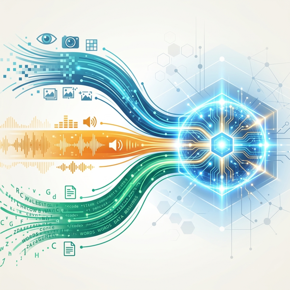 Abstract vector diagram showing vision, audio, and text streams converging into a single central processor.