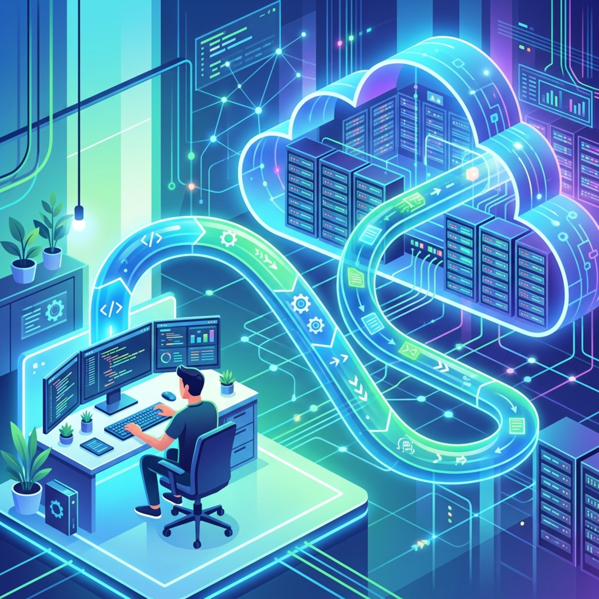 Illustration of a smooth deployment pipeline from a developer workstation into a vast cloud server infrastructure.