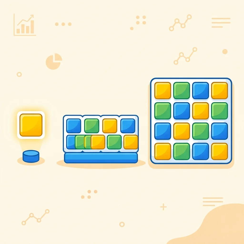 A diagram illustrating scalar, vector, and matrix data structures using colorful blocks