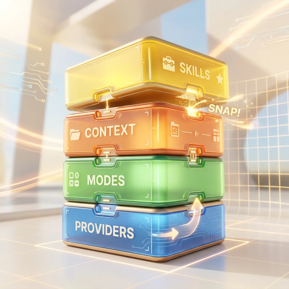 A 3D illustration showing a stack of modular layers—Providers, Modes, Context, and Skills—snapping together securely like building blocks to form a pluggable AI stack