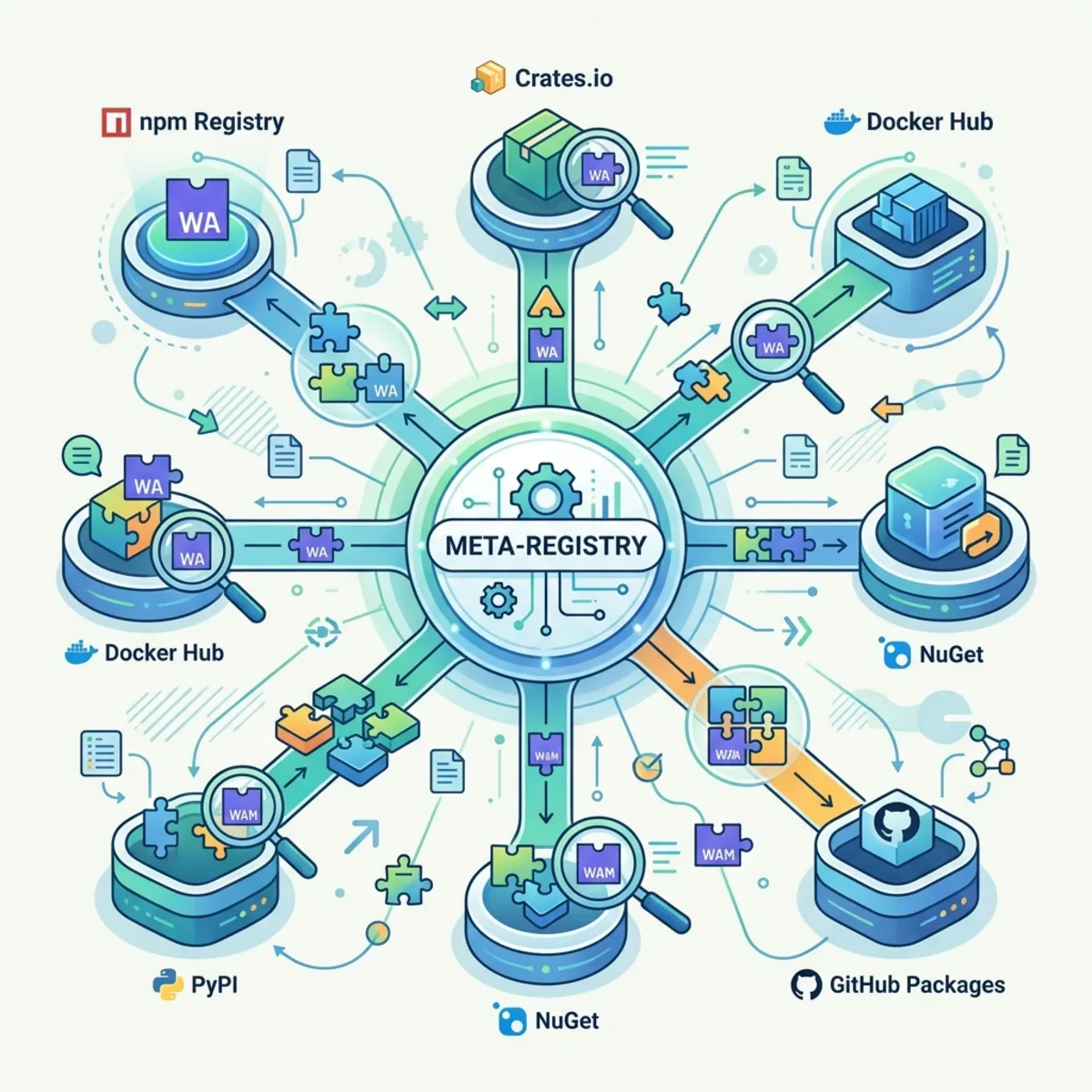 A modern infographic conceptual diagram showing the OCI Meta-Registry connecting to various package registries like Docker Hub via reverse interface search