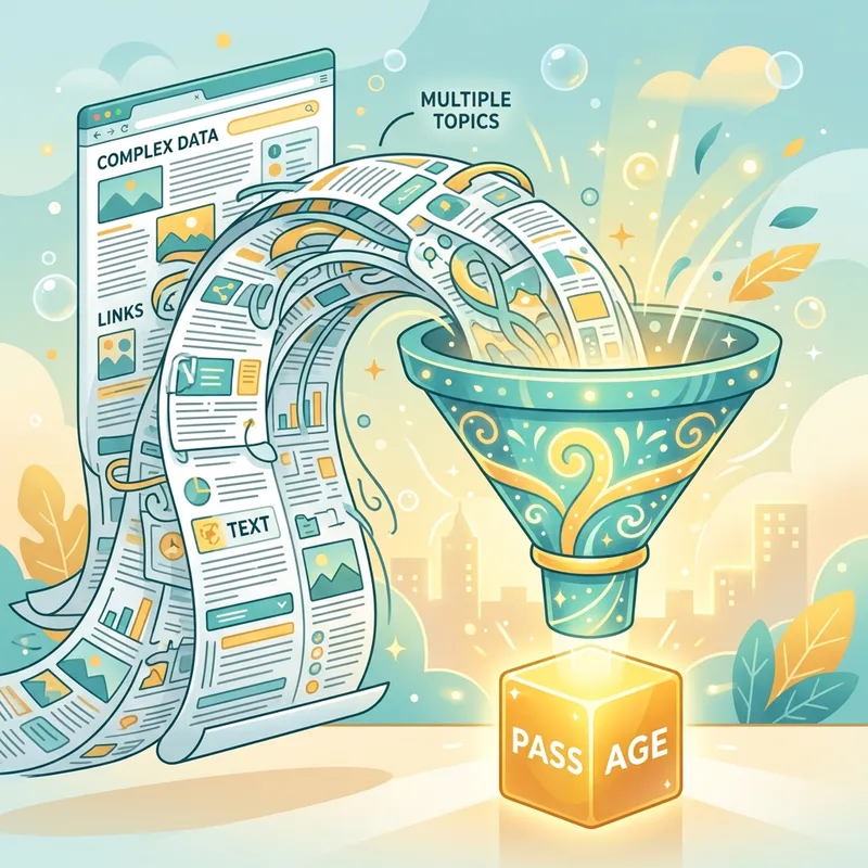 Illustration of a large, cluttered web page document being filtered into a single glowing Passages block